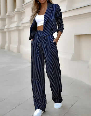 striped Autumn New Women's Fashion Striped Cropped Collar Long-Sleeved Suit Jacket + Elegant Straight Pants Suit