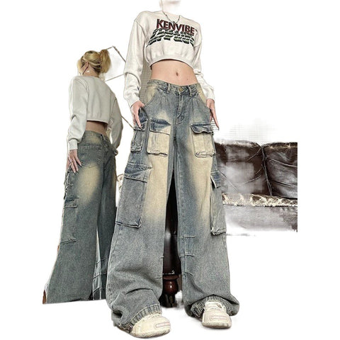 90s streetwear American Retro High Street Wide Leg Workwear Jeans Women's Autumn New Low Waist Design Loose Slimming Pants Fashion