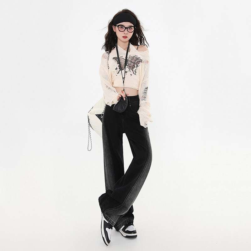 baggy Black Gray Early Autumn Versatile High Waist Wide Leg Women's Straight Design Draping Mop Pants