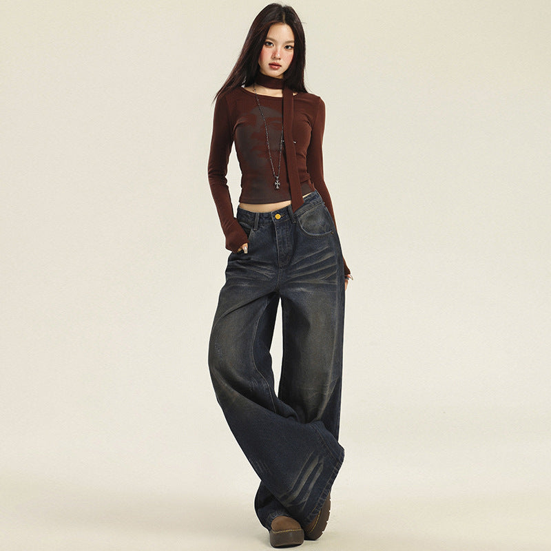 y2k Attention Moment Waste Soil Wind Washed Straight Jeans for Women Autumn and Winter New Lazy Relaxed Feeling Slimming Mopping Pants