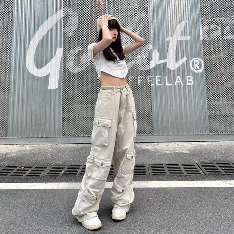 Beyprern back 2 school outfits American Retro Functional Overalls Women's Fashion Brand Ins High Street Fried Street Ruffle Handsome High Sense Women's Ruffle Handsome Pants Fashion