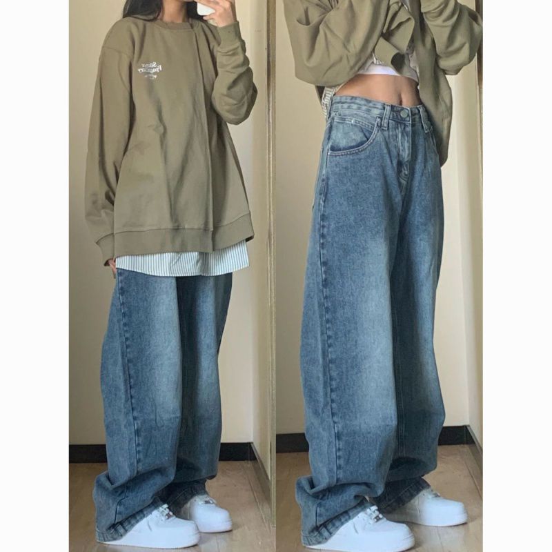 back to school fits High Waist Jeans for Women Ins Korean Style Loose Wide Leg Slimming Versatile 2024 New Straight Mop Pants for Women Fashion