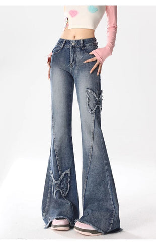 y2k American Retro Butterfly Embroidered Micro Flared Jeans for Women 2024 New Popular Design High Waist Mopping Pants