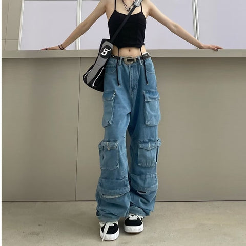 concert outfit ideas Women's Fashion All-Match Jeans Zipper Light Color Washed Overalls Trousers Simple New