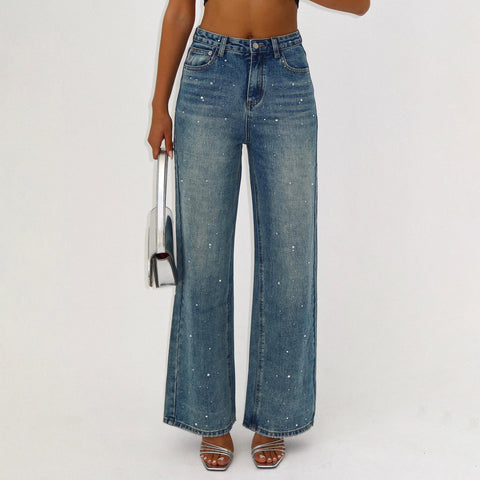 outfit ideas for school Street Style Low Waist Rhinestone Straight Jeans 2024 New Versatile American Retro Distressed Denim Long