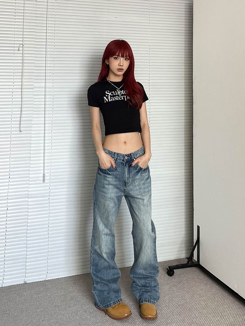 outfit ideas for school Plus Size American Retro Washed Micro Flared Jeans Women's Spring and Autumn New High Street Slimming All-Match Straight Long Pants