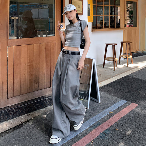 streetwear men outfits Casual All-Match Loose Wide-Leg Pants Gray High Waist Slimming Straight Casual Pants for Women Trendy Early Autumn