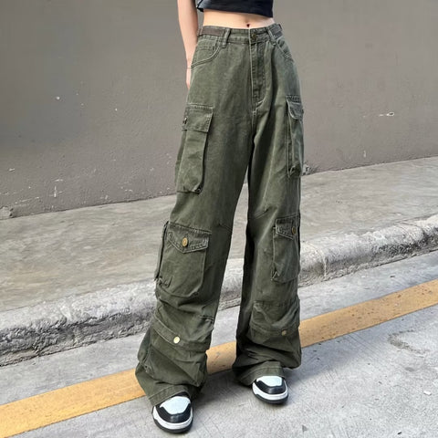 Beyprern back 2 school outfits American Retro Functional Overalls Women's Fashion Brand Ins High Street Fried Street Ruffle Handsome High Sense Women's Ruffle Handsome Pants Fashion