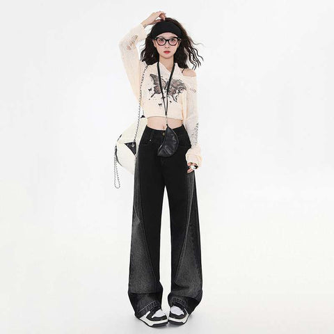 baggy Black Gray Early Autumn Versatile High Waist Wide Leg Women's Straight Design Draping Mop Pants