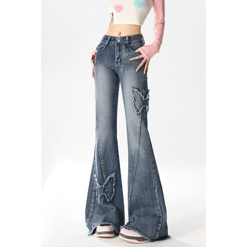 y2k American Retro Butterfly Embroidered Micro Flared Jeans for Women 2024 New Popular Design High Waist Mopping Pants