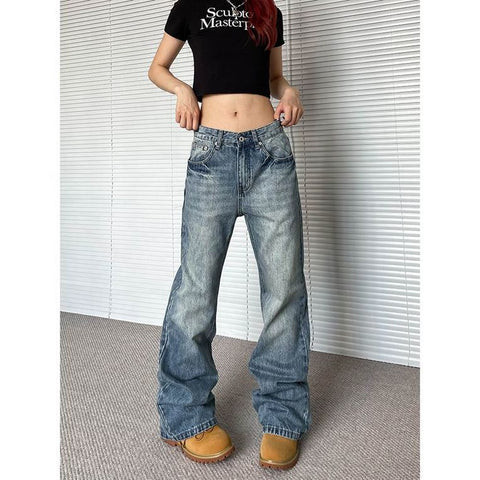 outfit ideas for school Plus Size American Retro Washed Micro Flared Jeans Women's Spring and Autumn New High Street Slimming All-Match Straight Long Pants