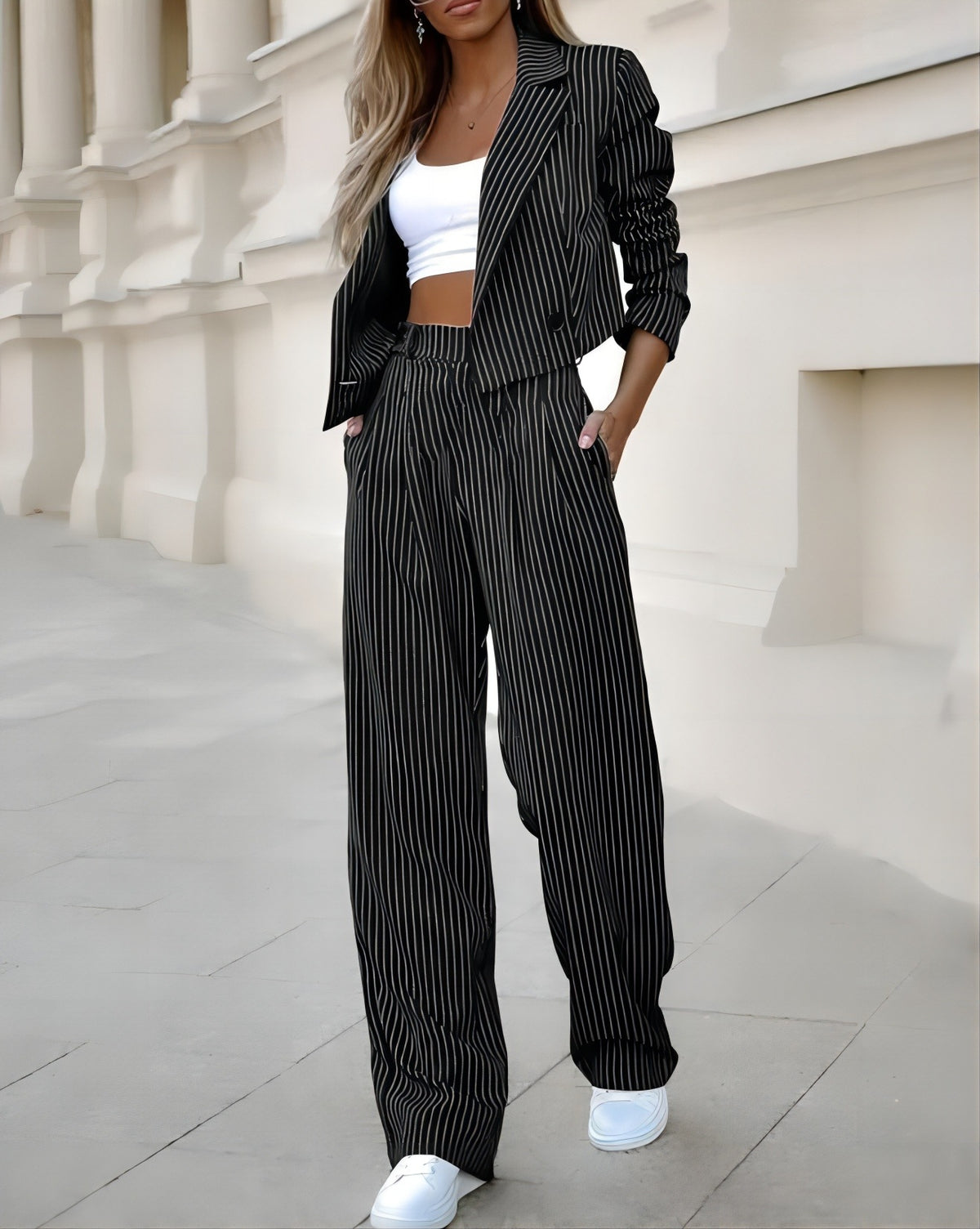 striped Autumn New Women's Fashion Striped Cropped Collar Long-Sleeved Suit Jacket + Elegant Straight Pants Suit