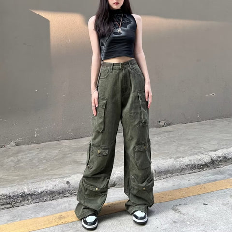 Beyprern back 2 school outfits American Retro Functional Overalls Women's Fashion Brand Ins High Street Fried Street Ruffle Handsome High Sense Women's Ruffle Handsome Pants Fashion