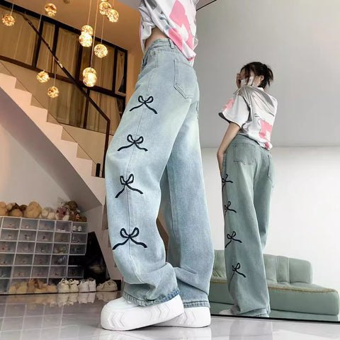 back to school fits Design Bow Embroidered Jeans Wide-Leg Pants Women's High Waist Straight Pants Mopping Pants