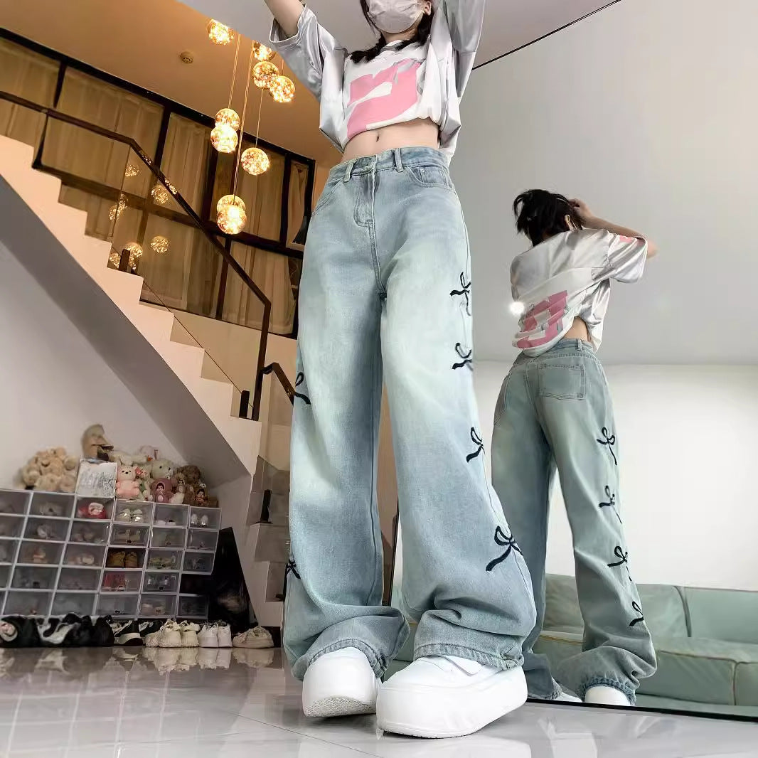 back to school fits Design Bow Embroidered Jeans Wide-Leg Pants Women's High Waist Straight Pants Mopping Pants