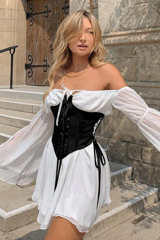 Beyprern spring outfit summer outfit dress Off Shoulder Lace-up Corset Ruched Dress