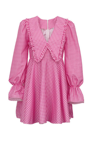 Beyprern spring outfit summer outfit dress Pink Plaid Lapel A-Line Babydoll Dress