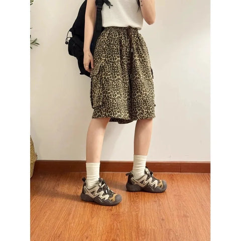 Beyprern Vintage Leopard Cargo Shorts Pants Harajuku Y2k Oversized Sports Jogging Trousers Streetwear Wide Leg Baggy Summer