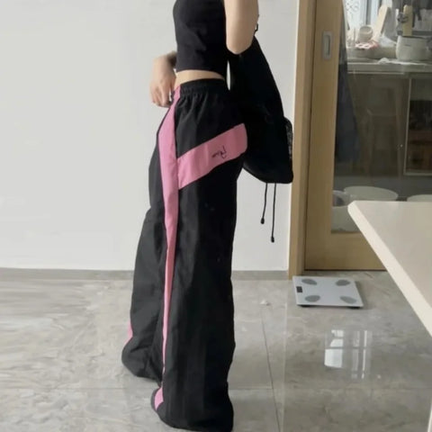 Beyprern Y2k Vintage Baggy Pants Summer 2024 Women Korean Fashion Sports Wide Leg Trousers Casual Oversized Patchwork Aesthetic