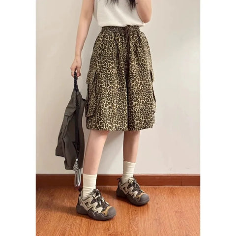 Beyprern Vintage Leopard Cargo Shorts Pants Harajuku Y2k Oversized Sports Jogging Trousers Streetwear Wide Leg Baggy Summer