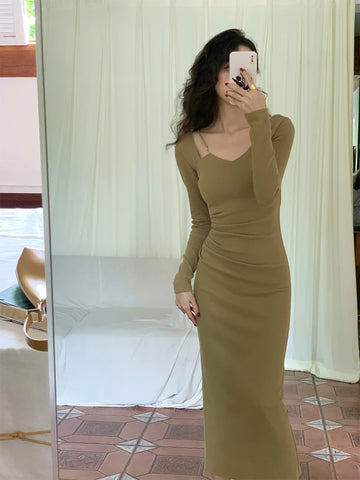 Beyprern French Vintage Chain Square Neck Long Sleeves Midi Dresses for Women 2024 Autumn New Sexy Bodycon Evening Party Female Clothing