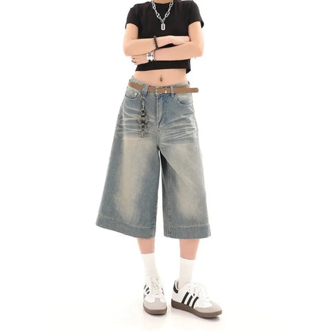 Beyprern Y2k Vintage Baggy Jorts Jeans Wide Leg Harajuku Shorts Denim Pants Korean Streetwear Fashion Loose Trousers Summer