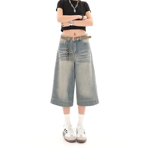 Beyprern Y2k Vintage Baggy Jorts Jeans Wide Leg Harajuku Shorts Denim Pants Korean Streetwear Fashion Loose Trousers Summer