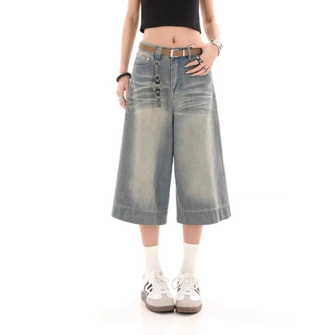 Beyprern Y2k Vintage Baggy Jorts Jeans Wide Leg Harajuku Shorts Denim Pants Korean Streetwear Fashion Loose Trousers Summer