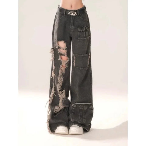 Beyprern Y2k Vintage Ripped Black Cargo Pants Woman Baggy Grunge Wide Leg Trousers Oversized Korean Style Streetwear Fashion