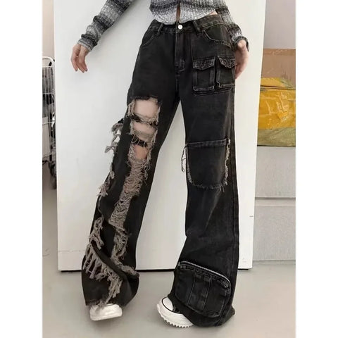 Beyprern Y2k Vintage Ripped Black Cargo Pants Woman Baggy Grunge Wide Leg Trousers Oversized Korean Style Streetwear Fashion