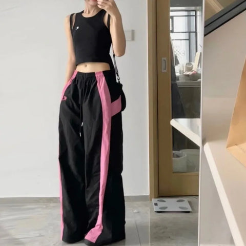 Beyprern Y2k Vintage Baggy Pants Summer 2024 Women Korean Fashion Sports Wide Leg Trousers Casual Oversized Patchwork Aesthetic