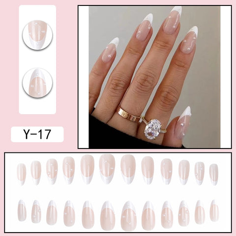Beyprern 24pcs French Point Diamond Fake Nails Wearing Artificial Square Head Press On Acrylic Nail Art Pearl Patch Almond False Nails