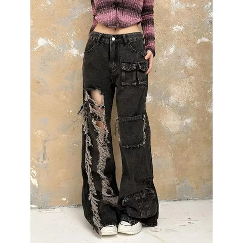 Beyprern Y2k Vintage Ripped Black Cargo Pants Woman Baggy Grunge Wide Leg Trousers Oversized Korean Style Streetwear Fashion