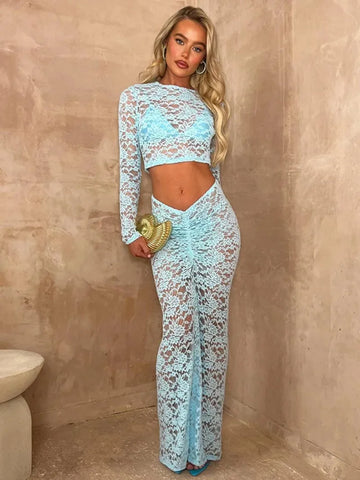 Beyprern Elegant Woman 2 Pieces Lace Dresses Set 2024 O-neck Long Sleeve Hollow Out Cropped T-shirt+Low Waist Skirts Evening Party Outfit