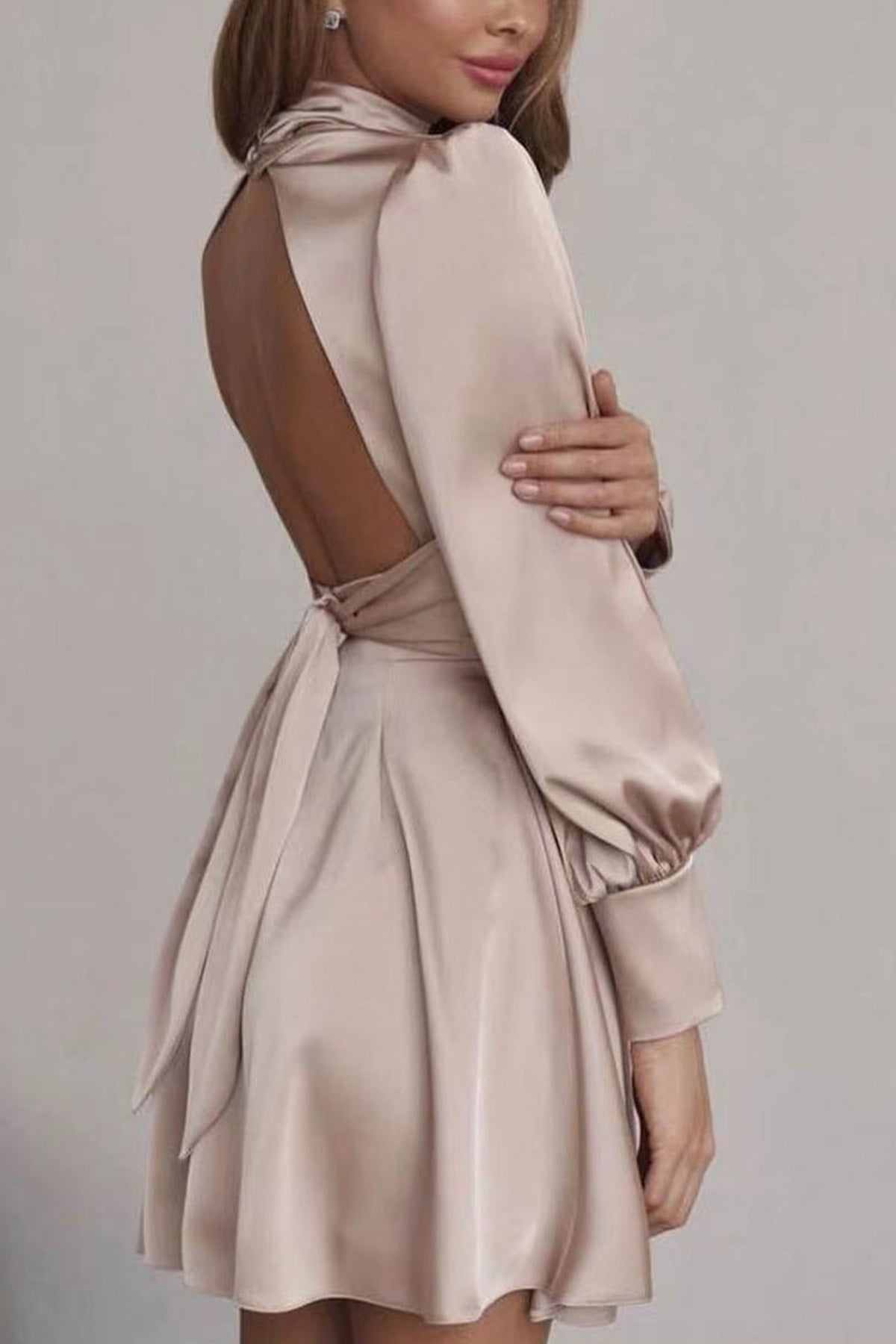 Beyprern spring outfit summer outfit dress Satin Puff Sleeve Strappy Backless Dress