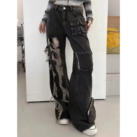 Beyprern Y2k Vintage Ripped Black Cargo Pants Woman Baggy Grunge Wide Leg Trousers Oversized Korean Style Streetwear Fashion