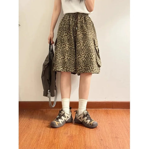 Beyprern Vintage Leopard Cargo Shorts Pants Harajuku Y2k Oversized Sports Jogging Trousers Streetwear Wide Leg Baggy Summer