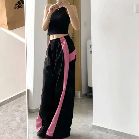 Beyprern Y2k Vintage Baggy Pants Summer 2024 Women Korean Fashion Sports Wide Leg Trousers Casual Oversized Patchwork Aesthetic