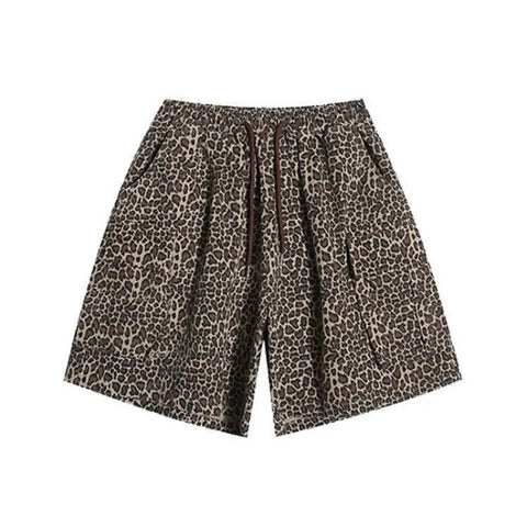 Beyprern Vintage Leopard Cargo Shorts Pants Harajuku Y2k Oversized Sports Jogging Trousers Streetwear Wide Leg Baggy Summer