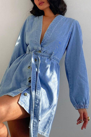 Beyprern spring outfit summer outfit dress V Neck Button Front Lace Up Denim Dress