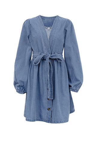 Beyprern spring outfit summer outfit dress V Neck Button Front Lace Up Denim Dress
