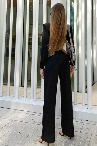Beyprern Spring outfit  V Neck Crop Blazer Chain Cutout Long Pants Suits