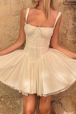 Beyprern spring outfit summer outfit dress White Lace Stitching Strappy Ruched Cami Dress