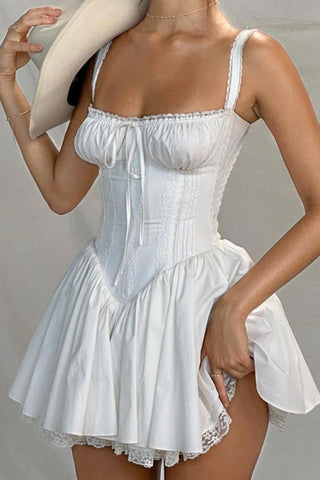 Beyprern spring outfit summer outfit dress White Lace Stitching Strappy Ruched Cami Dress