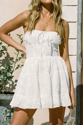Beyprern spring outfit summer outfit dress White Lace Tie-up Strapless Tiered Dress