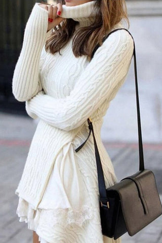 Beyprern spring outfit summer outfit dress White Turtleneck Cable Knit Ruffled Mini Dress