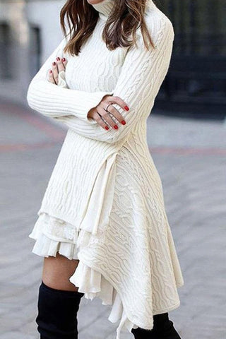 Beyprern spring outfit summer outfit dress White Turtleneck Cable Knit Ruffled Mini Dress