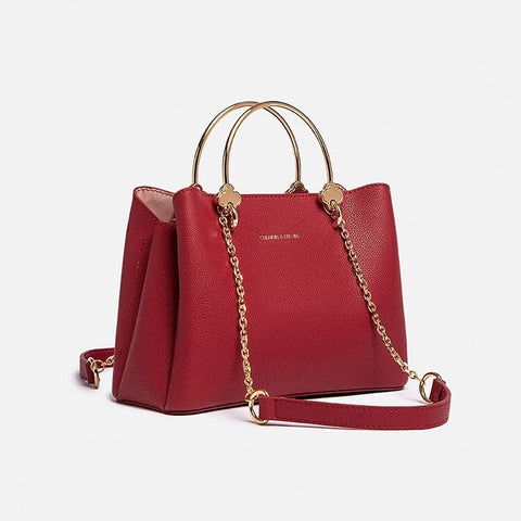 Beyprern back to school  Cute Red & Gold Solid Color Minimalist Luxury Genuine Leather Metallic Gold Top Handle Handbag for Women, Shoulder Bag