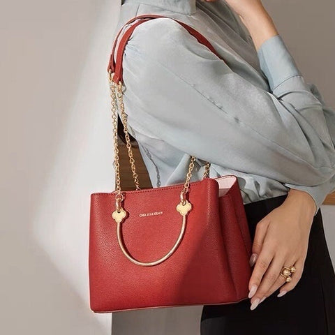 Beyprern back to school  Cute Red & Gold Solid Color Minimalist Luxury Genuine Leather Metallic Gold Top Handle Handbag for Women, Shoulder Bag