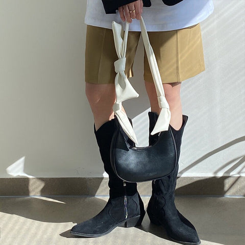 Beyprern back to school  Cute Black Vegan Leather Shoulder Bag, White Strap Bow Ribbon Decor Handbag, Minimalist Elegant Contrast Color Top Handle Bag, Crescent Bag